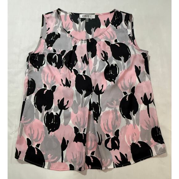 Kasper Pink and Black Floral Sleeveless Pleated Neck Blouse Size L - Picture 1 of 5